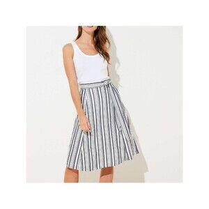 LOFT Tie Waist Navy and White Vertical-Strip Midi Skirt Size 14